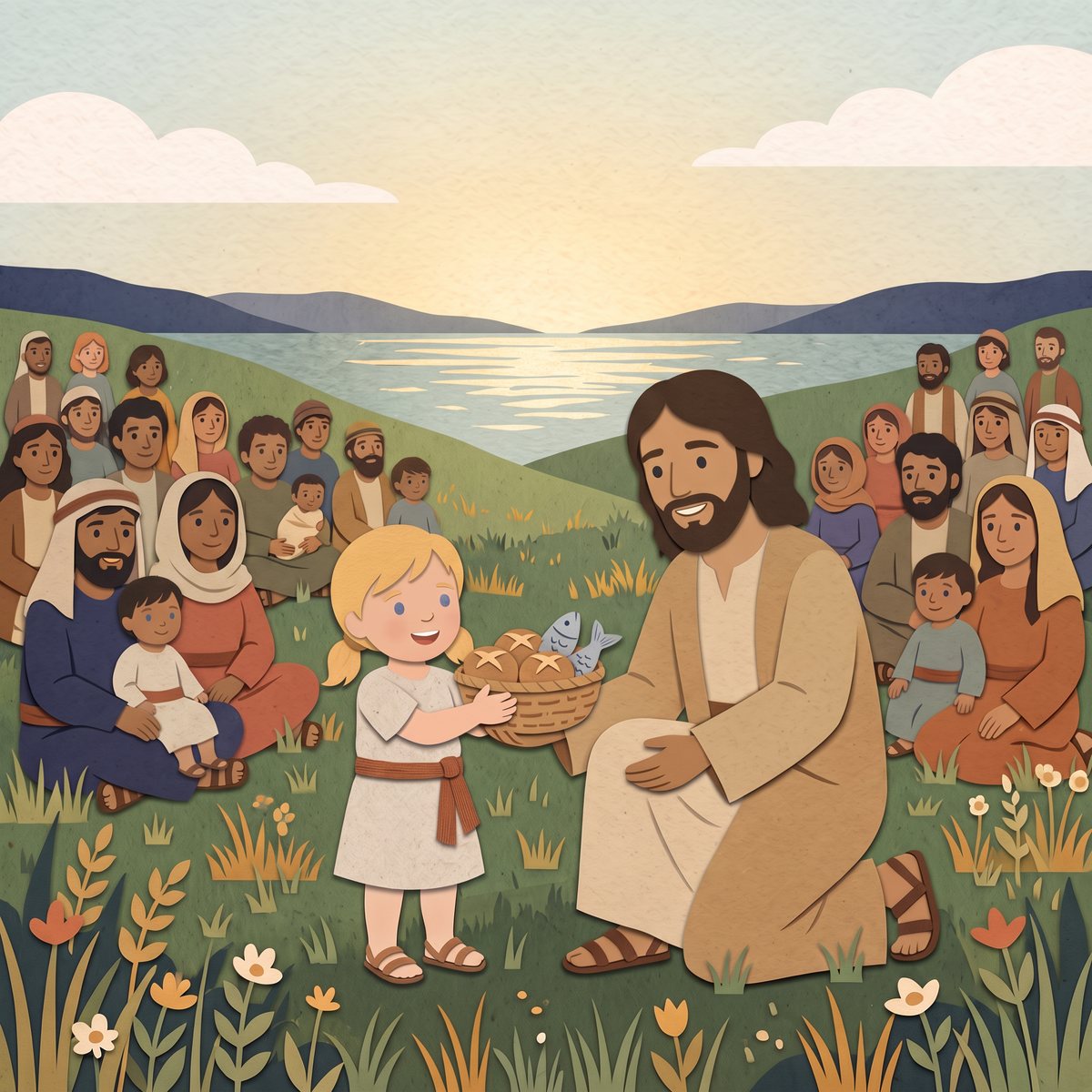 Early cover art: A child in the crowd shares five loaves and two fish, and Jesus feeds everyone with them. In this one, that child is yours.