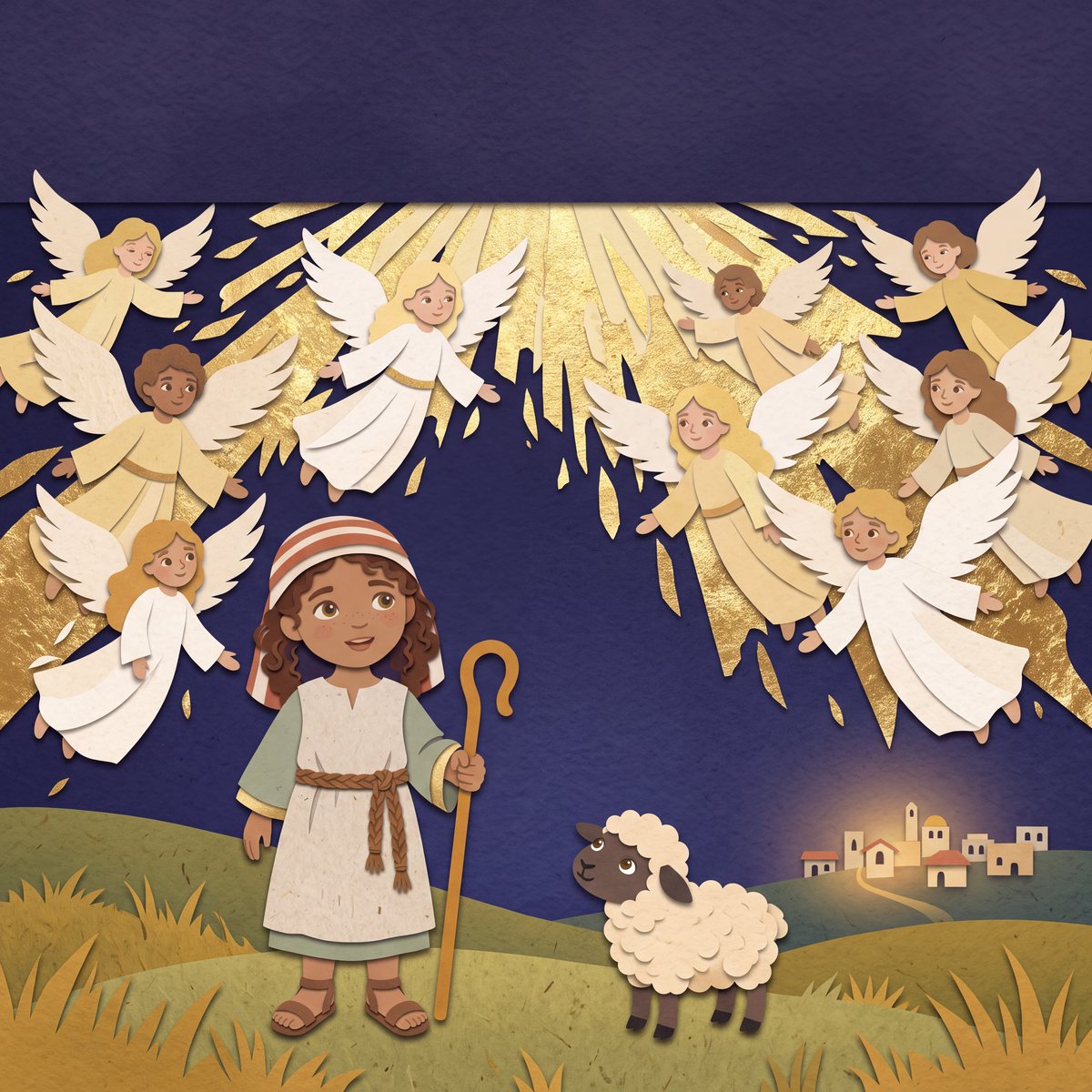 The book's cover: a child shepherd and a lamb under a sky full of paper angels
