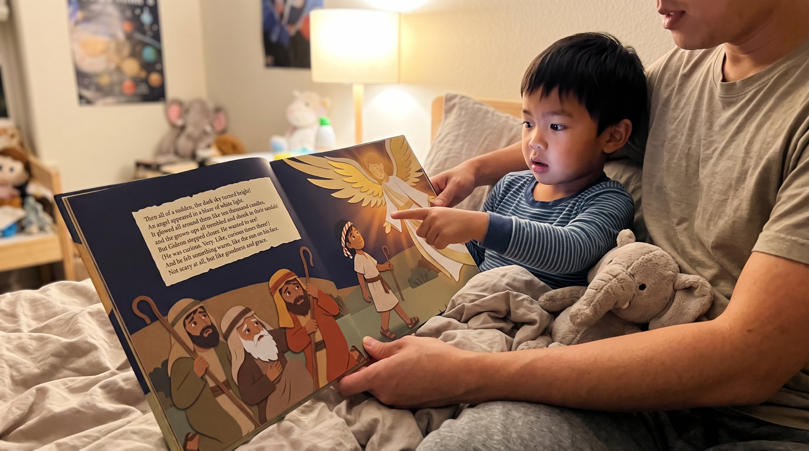 A little boy pointing at the angel page of his own book at bedtime