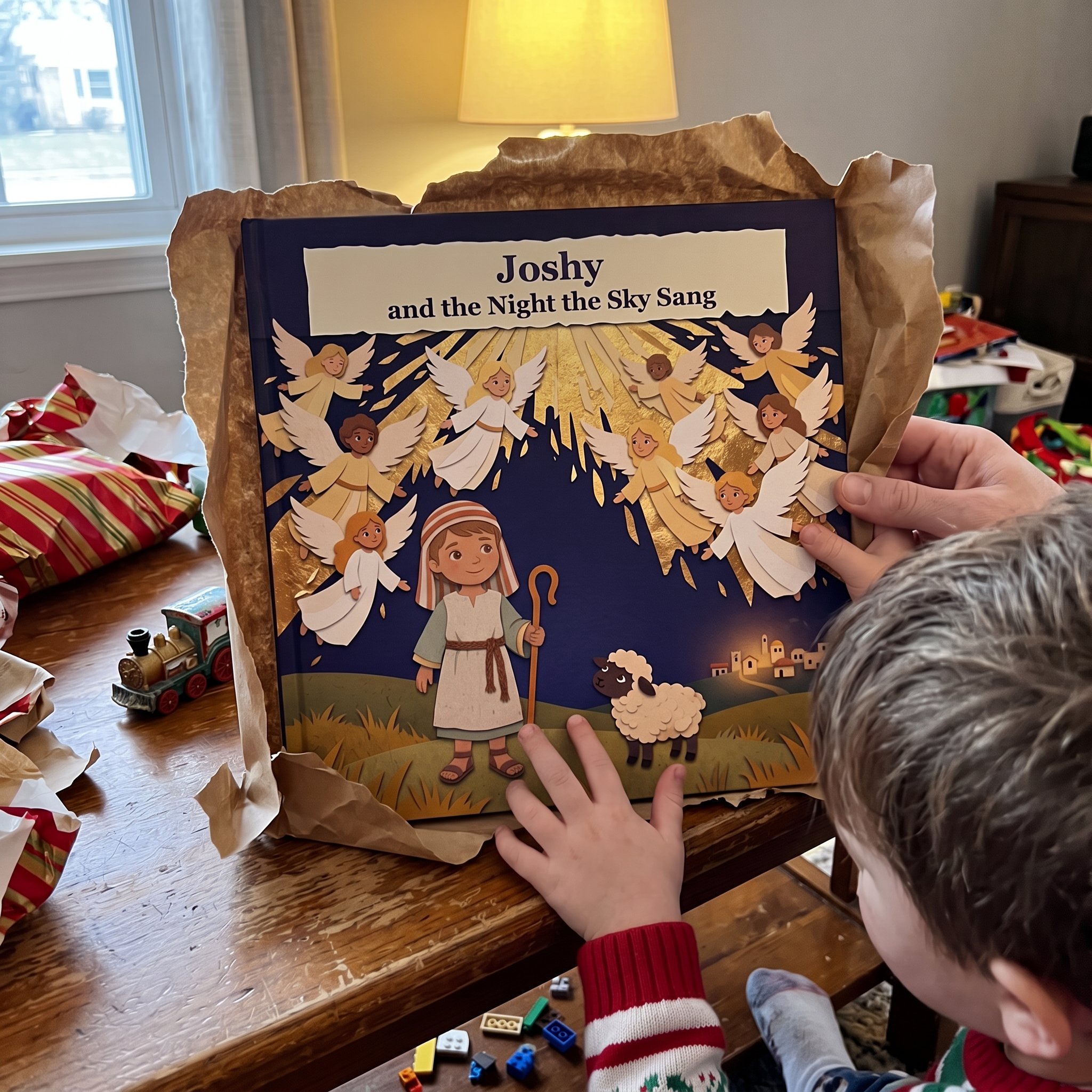 A little boy unwrapping his own copy of the book on Christmas morning