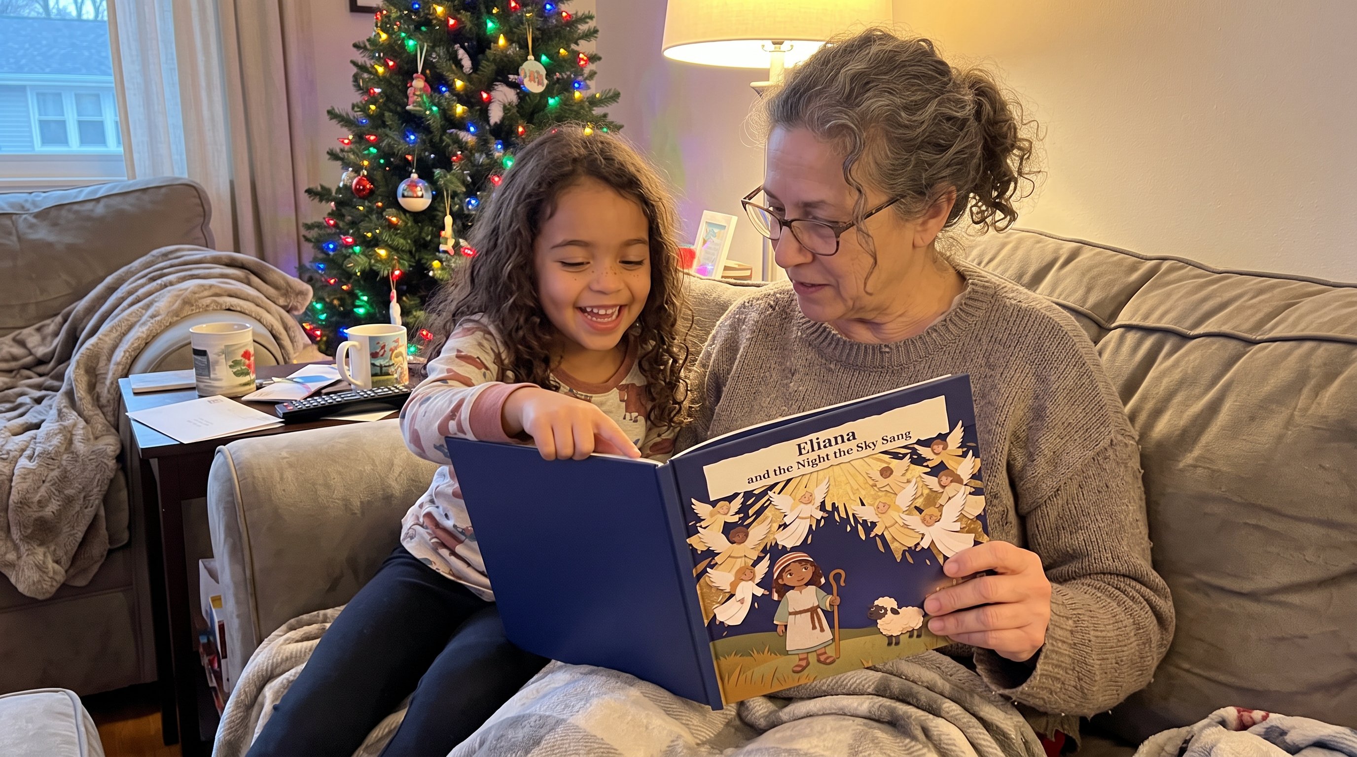 A grandmother reading the book with her granddaughter by the Christmas tree